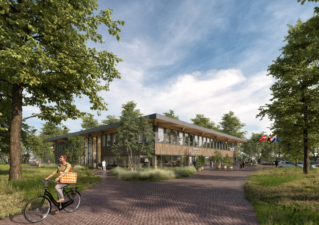 Ontwerp van de buitenkant van het nieuwe gemeentehuis, omringd door groen met op de voorgrond een fietser.