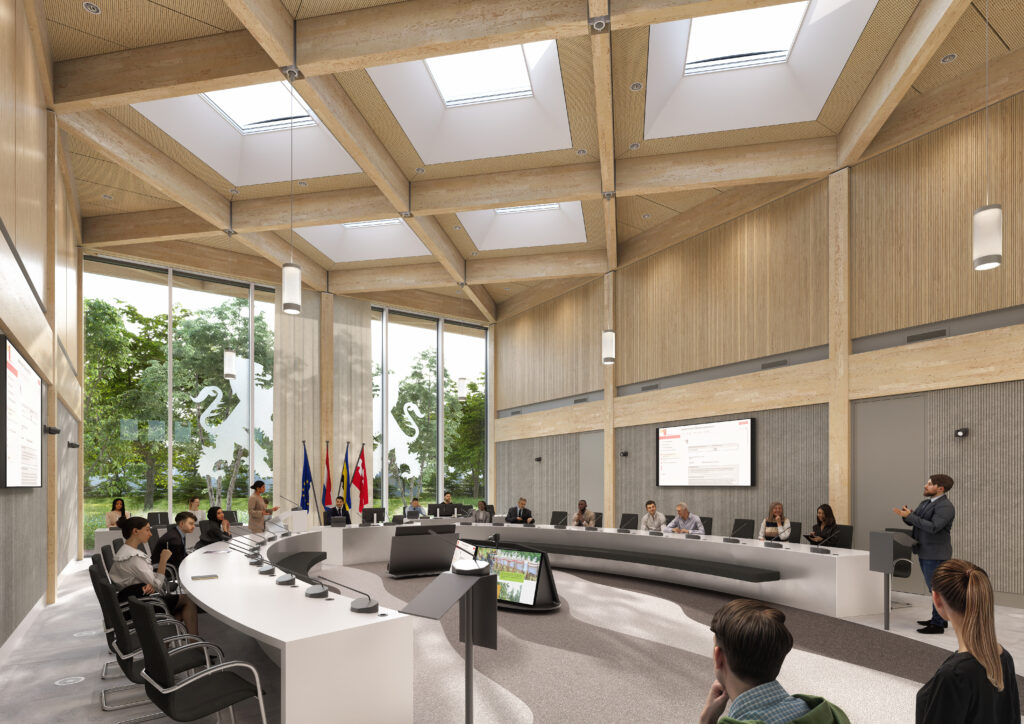 Ontwerp van de raadszaal van het nieuwe gemeentehuis Buren, met hoge plafonds en veel houten details