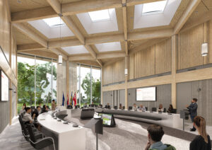 Ontwerp van de raadszaal van het nieuwe gemeentehuis Buren, met hoge plafonds en veel houten details