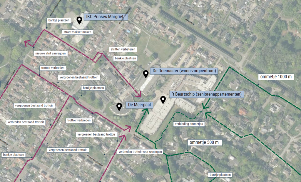 Voetpadenplan Smilde, een kaart met aangegeven waar bijv. ommetjes, bankjes, vergroening en verbreding van het trottoir komen